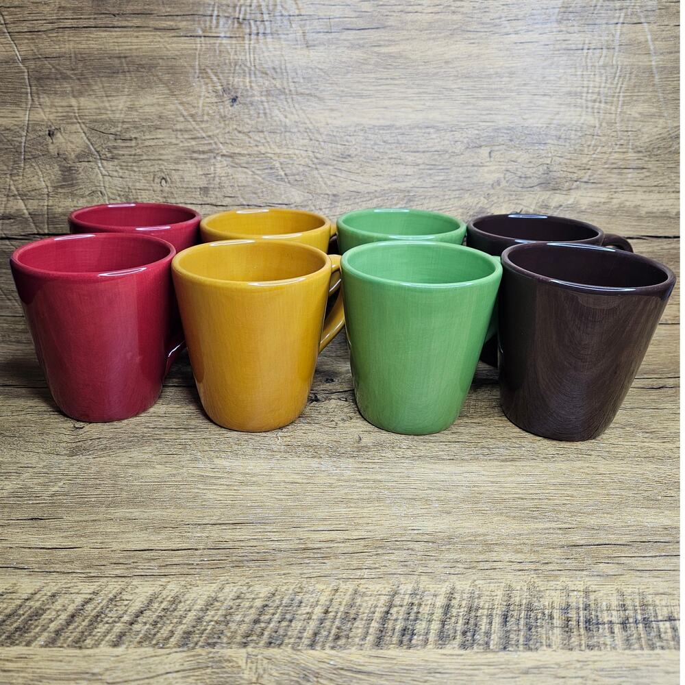 Home Accents Caribe Handpainted Brown Red Yellow Green 12oz set of 8 Coffee Mugs